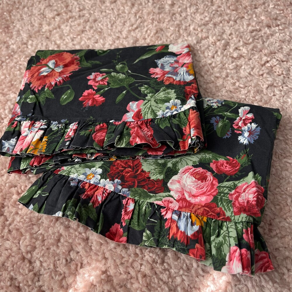 VTG Ralph Lauren Cossette Black Floral Ruffle Set 2 100% Cotton Pillowcases Pair